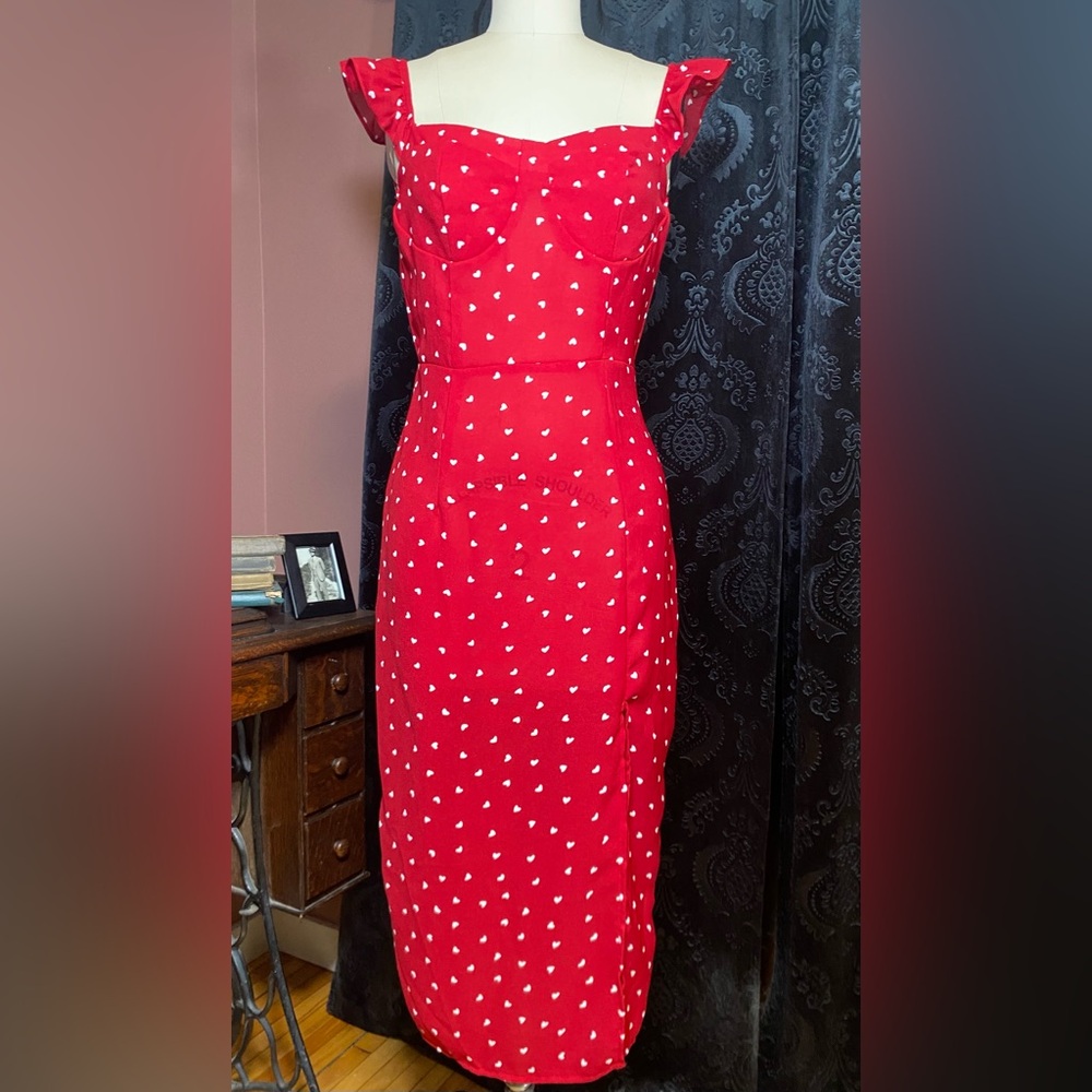 SHEIN Red Heart Pattern Midi Dress